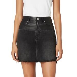 Blank NYC Patchwork Leather Denim High-Rise Mini Skirt Raw Hem Black NWT 28